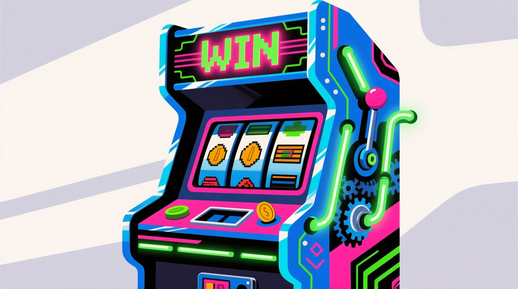 A vibrant, stylized illustration of a slot machine with neon accents, for decorative purposes only.